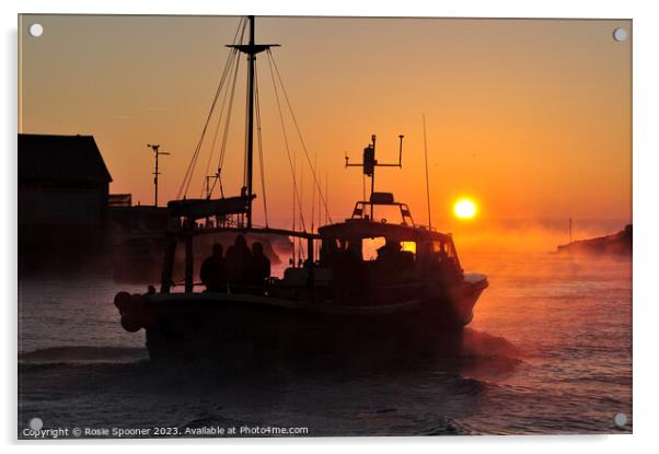 A fishing boat heads out at sunrise Acrylic by Rosie Spooner