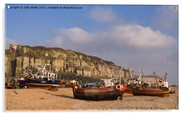 fishing boats on Hastings Beach Acrylic by Sally Wallis