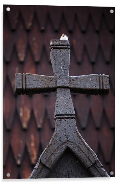 Wooden cross with bird Acrylic by Thomas Schaeffer