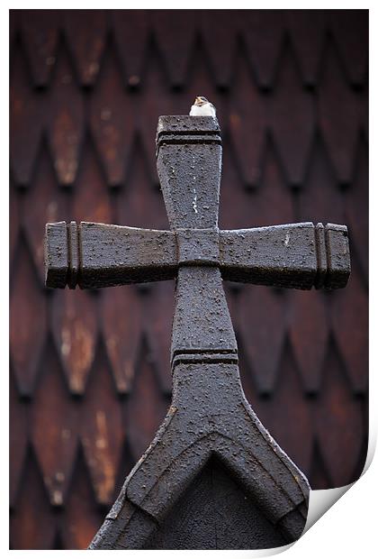 Wooden cross with bird Print by Thomas Schaeffer