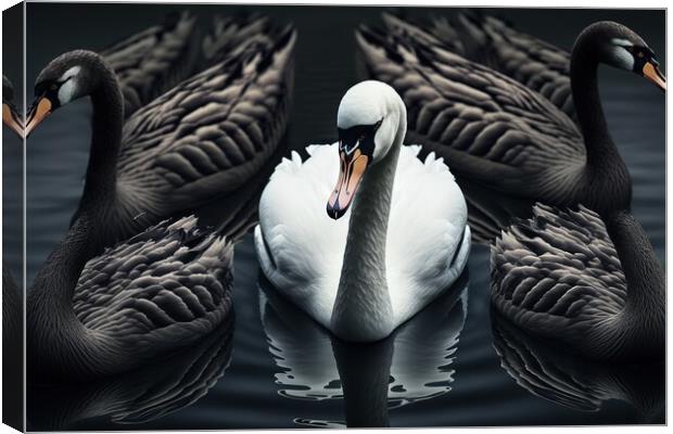 Illustration of a white swan with black ones, conc Canvas Print by Joaquin Corbalan