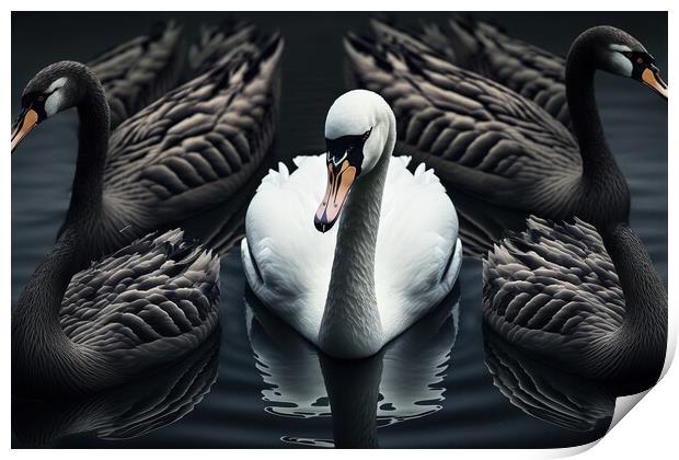 Illustration of a white swan with black ones, conc Print by Joaquin Corbalan