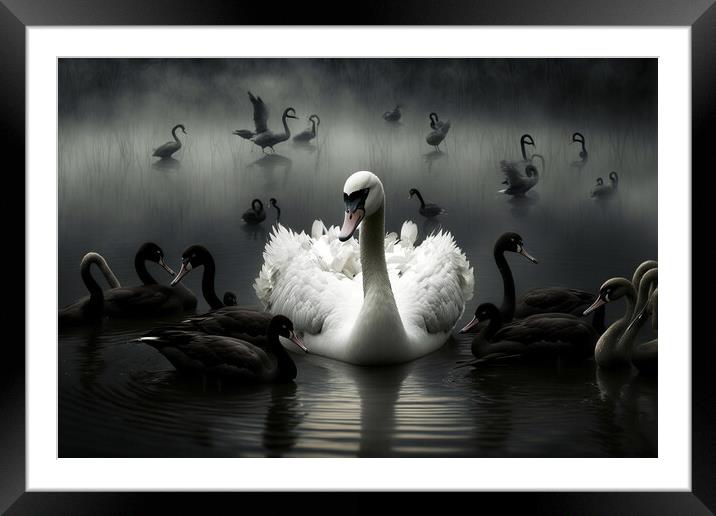 Illustration of a white swan with black ones, conc Framed Mounted Print by Joaquin Corbalan