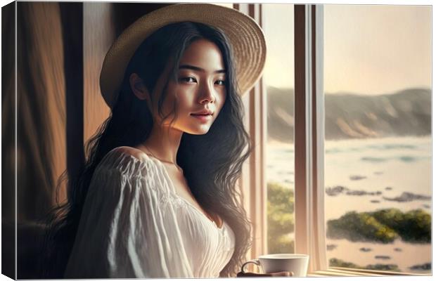 Beautiful young asian woman drink morning coffee waking up looki Canvas Print by Joaquin Corbalan