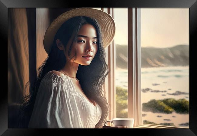 Beautiful young asian woman drink morning coffee waking up looki Framed Print by Joaquin Corbalan