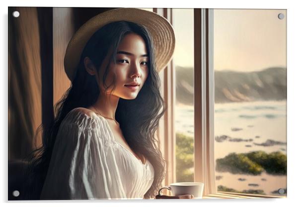 Beautiful young asian woman drink morning coffee waking up looki Acrylic by Joaquin Corbalan