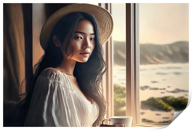 Beautiful young asian woman drink morning coffee waking up looki Print by Joaquin Corbalan