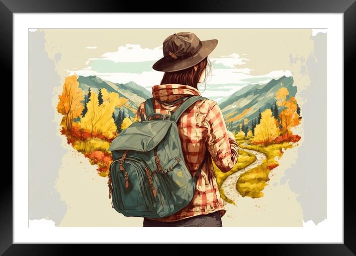 Watercolor illustration of an adventurous girl traveling through Framed Mounted Print by Joaquin Corbalan