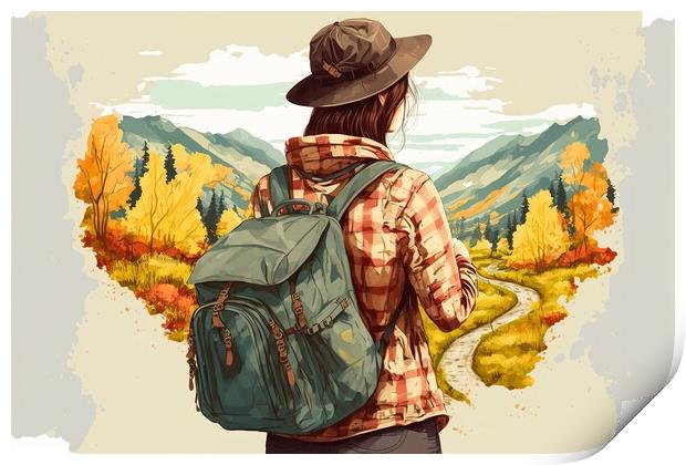 Watercolor illustration of an adventurous girl traveling through Print by Joaquin Corbalan