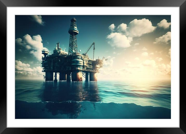 Illustration of obsolete offshore oil platform, conceptual drawi Framed Mounted Print by Joaquin Corbalan