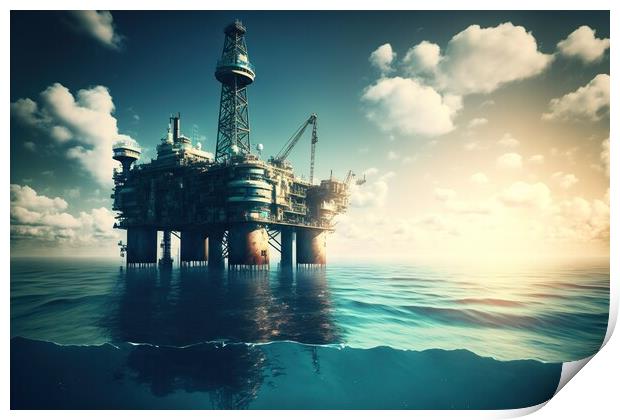 Illustration of obsolete offshore oil platform, conceptual drawi Print by Joaquin Corbalan