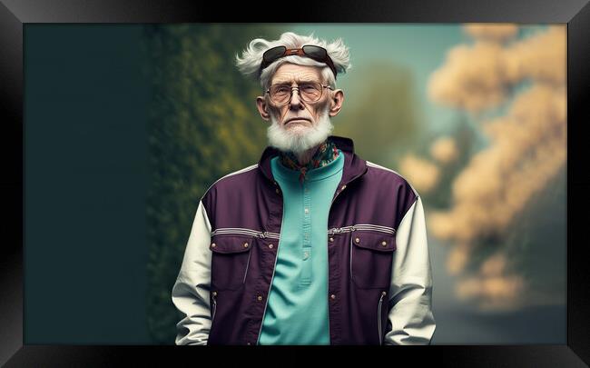 Senior man 65 years or older posing as a model in youth clothing Framed Print by Joaquin Corbalan