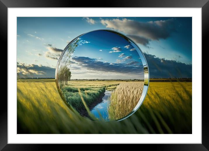 Conceptual image of a mirror reflecting crops in a cereal field  Framed Mounted Print by Joaquin Corbalan