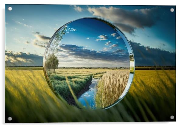 Conceptual image of a mirror reflecting crops in a cereal field  Acrylic by Joaquin Corbalan
