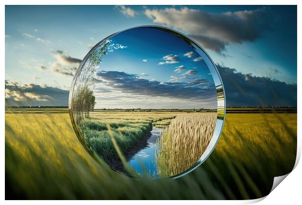 Conceptual image of a mirror reflecting crops in a cereal field  Print by Joaquin Corbalan