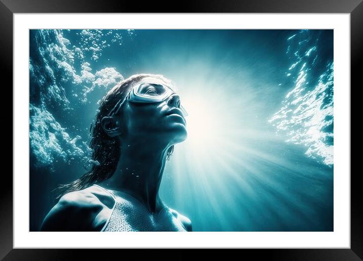 A woman dives, and enjoys relaxing underwater. Illustration with Framed Mounted Print by Joaquin Corbalan