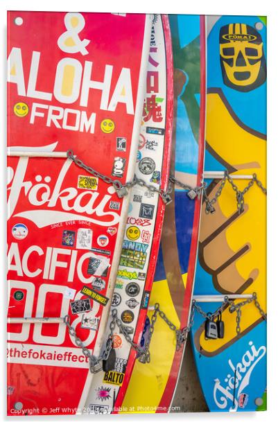 Surfboards lined up in storage at Waikiki Acrylic by Jeff Whyte