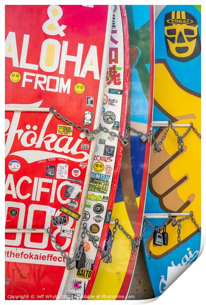 Surfboards lined up in storage at Waikiki Print by Jeff Whyte