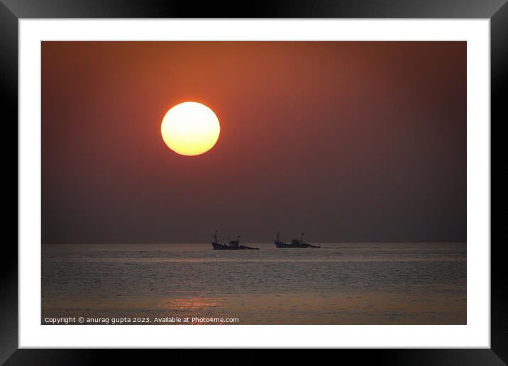 sunset and the fishing boats Framed Mounted Print by anurag gupta