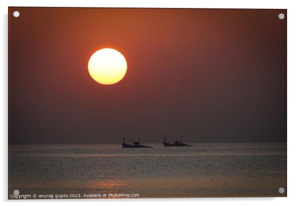 sunset and the fishing boats Acrylic by anurag gupta