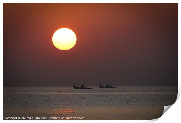sunset and the fishing boats Print by anurag gupta