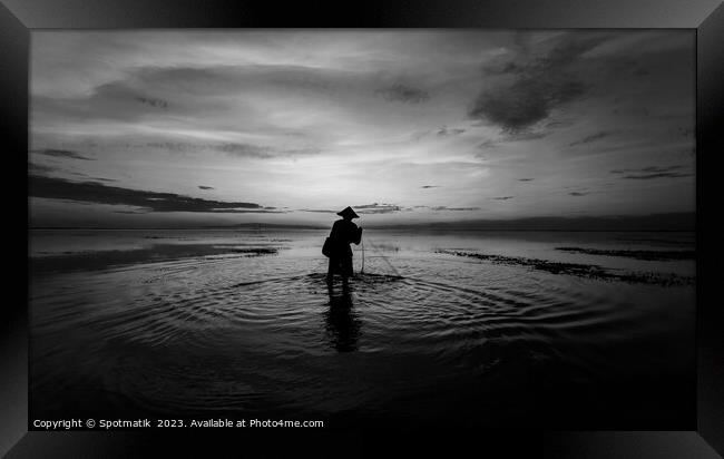 Balinese fisherman casting net Flores sea at sunrise Framed Print by Spotmatik 