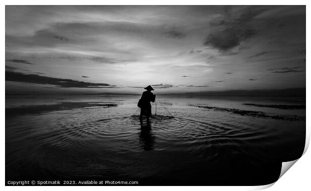 Balinese fisherman casting net Flores sea at sunrise Print by Spotmatik 