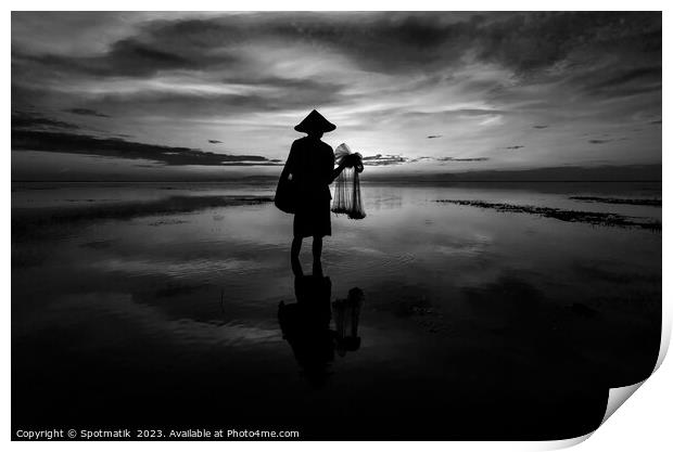 Silhouette Balinese male fishing Indonesian coastline at sunrise Print by Spotmatik 