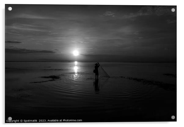 Silhouette Balinese sunrise fisherman casting net Flores sea Acrylic by Spotmatik 