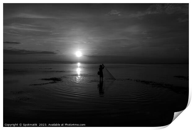 Silhouette Balinese sunrise fisherman casting net Flores sea Print by Spotmatik 
