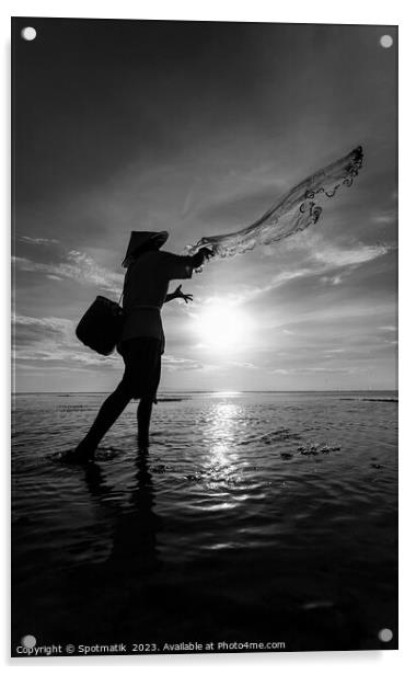 Silhouette Balinese sunrise fisherman casting net Flores sea Acrylic by Spotmatik 