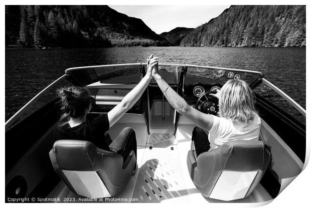 Vancouver Caucasian females out celebrating in powerboat Canada Print by Spotmatik 
