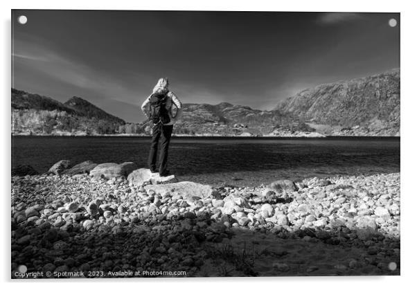Norway female admiring scenic beauty of Norwegian fjord  Acrylic by Spotmatik 