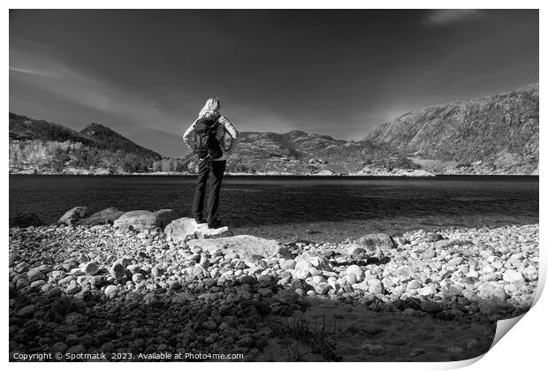 Norway female admiring scenic beauty of Norwegian fjord  Print by Spotmatik 