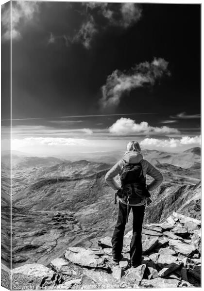 Young female hiker relaxing on mountain summit Wales Canvas Print by Spotmatik 