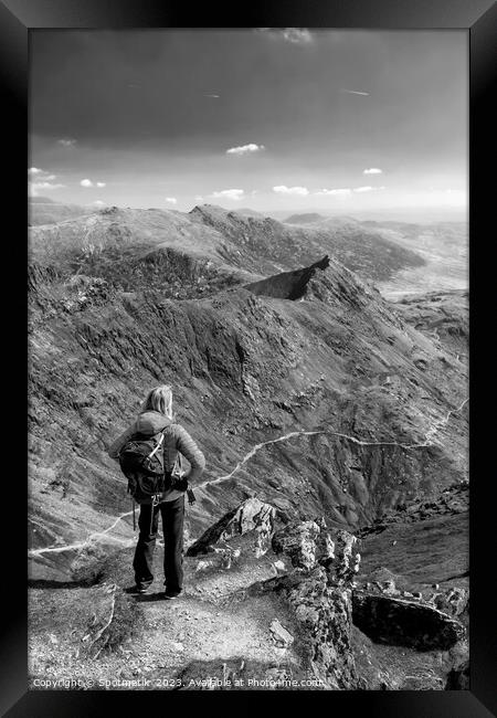 Snowdon scenic mountain scenery viewed by young female  Framed Print by Spotmatik 