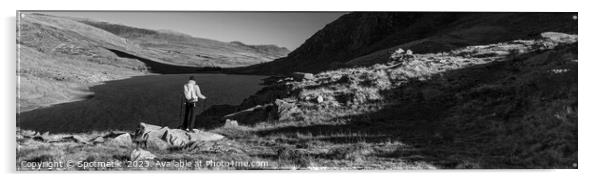 Panoramic lake among mountains with female hiker Snowdonia Acrylic by Spotmatik 