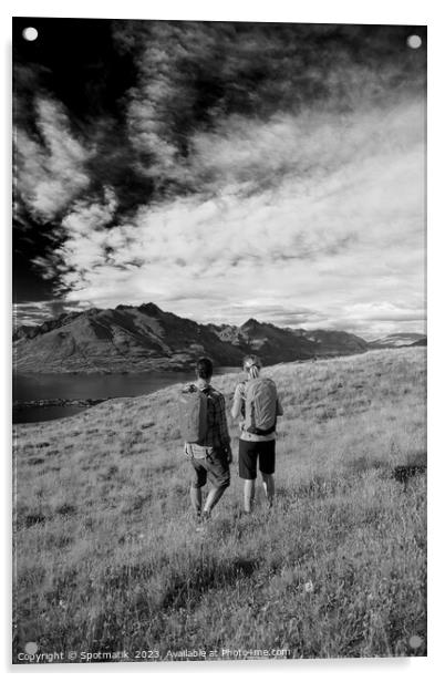 New Zealand trekking couple viewing Lake Wakatipu Otago Acrylic by Spotmatik 