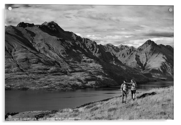Hikers on trekking expedition enjoying view Lake Wakatipu  Acrylic by Spotmatik 