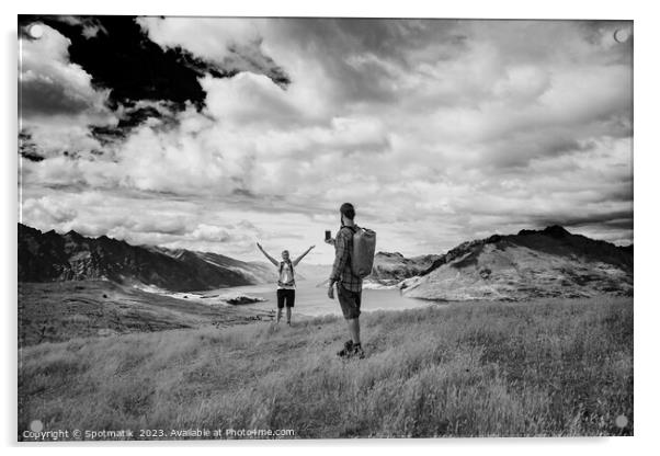 Successful young couple taking smartphone picture Lake Wakatipu  Acrylic by Spotmatik 