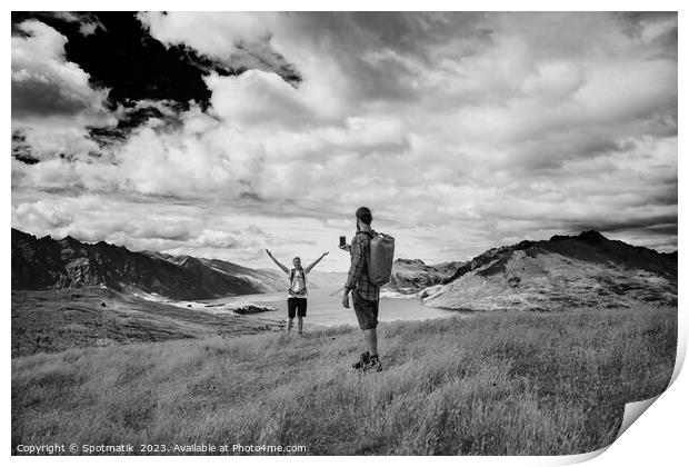 Successful young couple taking smartphone picture Lake Wakatipu  Print by Spotmatik 