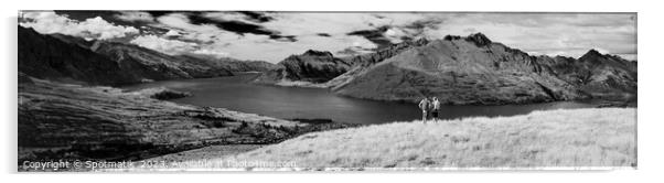 Panorama of New Zealand trekking couple viewing Lake Wakatipu Acrylic by Spotmatik 