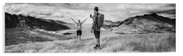 Panorama of young backpacking couple taking smartphone picture Acrylic by Spotmatik 