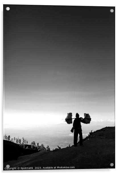Indonesian worker carrying sulphur blocks from volcano Rim  Acrylic by Spotmatik 