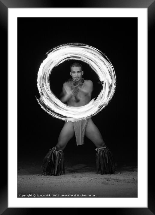 French Polynesia Illuminated flaming torch male Fire dancer  Framed Mounted Print by Spotmatik 