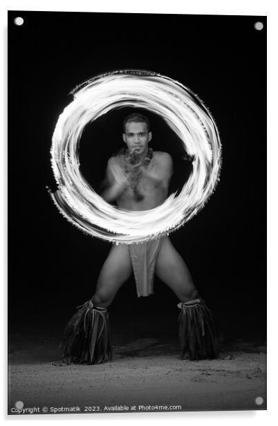 French Polynesia Illuminated flaming torch male Fire dancer  Acrylic by Spotmatik 
