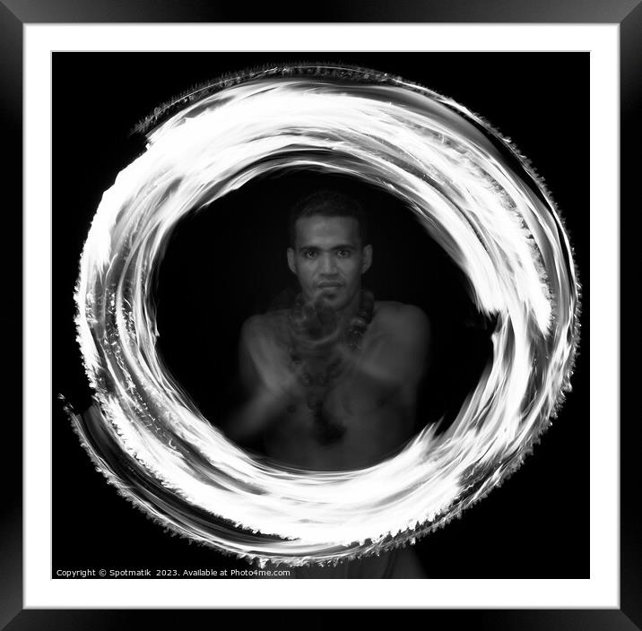 Male Polynesian Fire dancer performing Ring of Fire  Framed Mounted Print by Spotmatik 