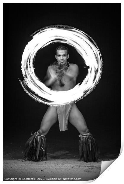 Male Fire dancer with illuminated spinning flaming torch  Print by Spotmatik 
