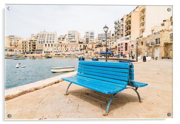 Blue bench on the promenade at Spinola Bay Acrylic by Jason Wells