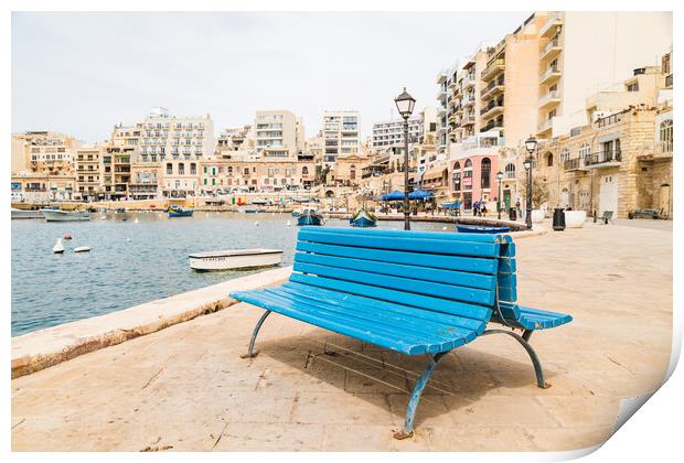Blue bench on the promenade at Spinola Bay Print by Jason Wells
